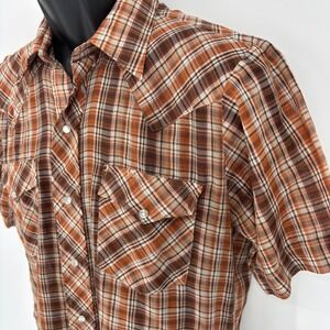 Vintage Western Fashions Mens Brown Orange Plaid Pearl Snap Short Sleeve Shirt